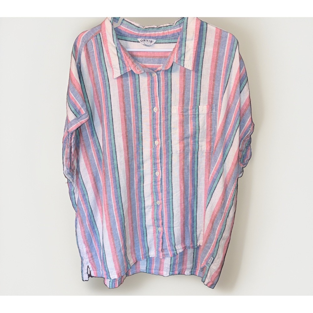 Orvis Linen Blend Women's 2xl Coastal Stripe Button Down Resort Wear Shirt